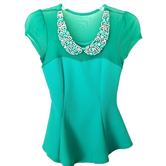 Tops - Peplum Sweetheart Neck Green Top
